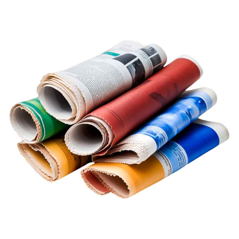 Colorful Rolled Papers and Newspapers Stacked png