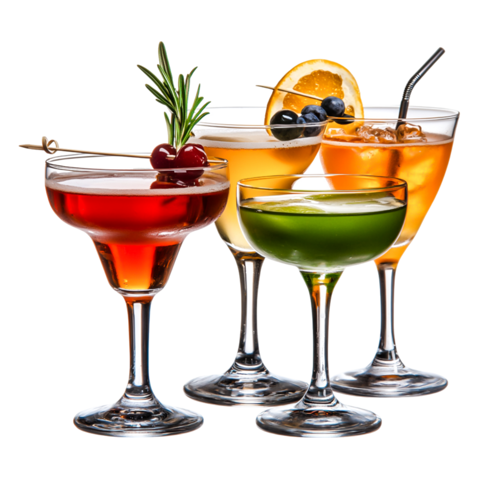 Colorful Cocktails Assorted Drinks in Elegantly Styled Glassware png