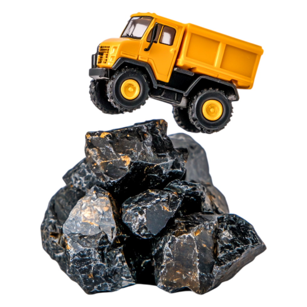 Small Yellow Dump Truck on Dark Rocks in Constructind Mining Context png