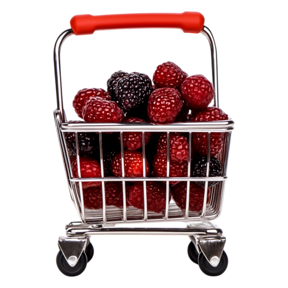 Mini Shopping Cart Filled with Fresh Red and Black Raspberries png