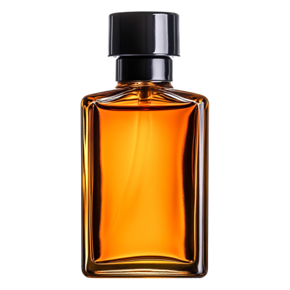 Elegant Glass Bottle with Dark Cap and Amber Liquid Isolated on png