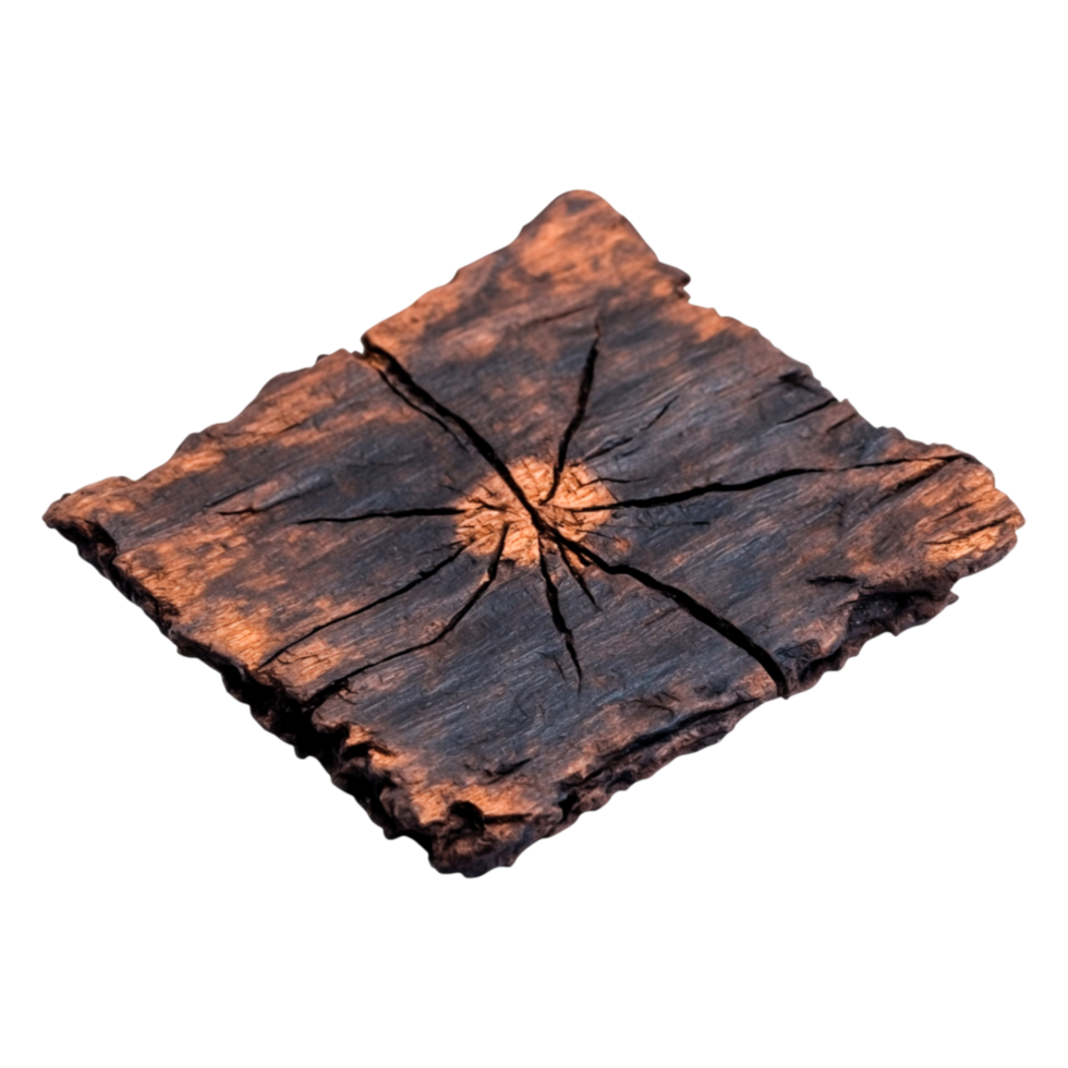 Rustic Charred Wood Piece with Cracks and Unique Textures for Backgrounds png