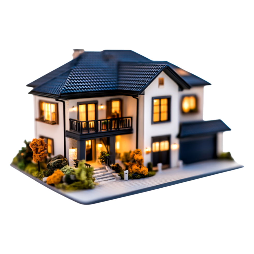 Cozy Modern House with Warm Lights and Lush Garden at Night png