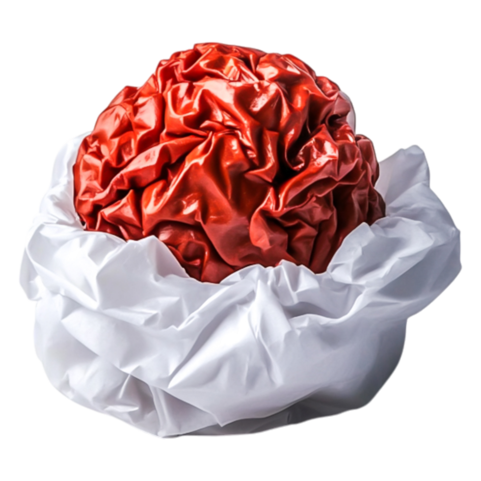 Bright Red Wrinkled Paper Ball Surrounded by White Wrapping Material png