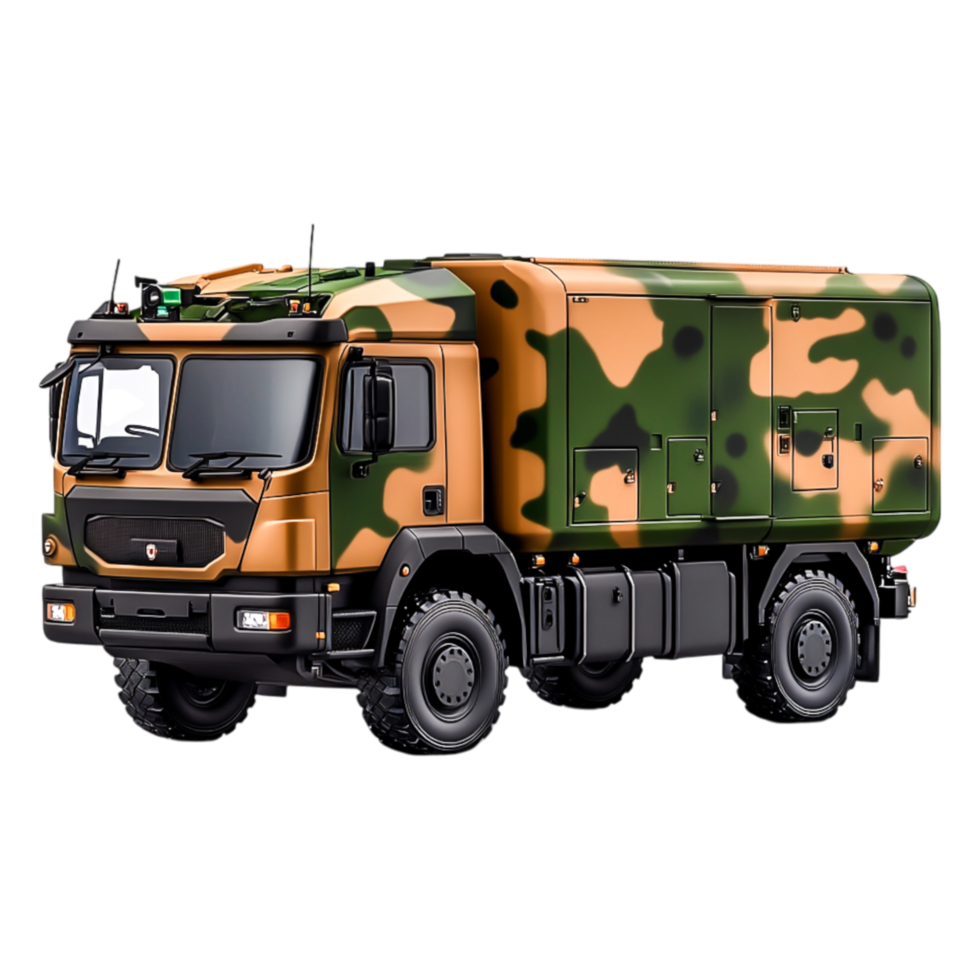 Military camouflage truck with rugged design in green and brown pattern png