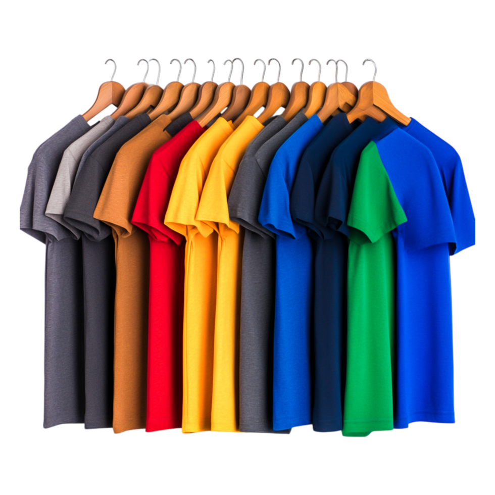Colorful Collection of Blank T-Shirts Hanging on Hangers in Various Shades png