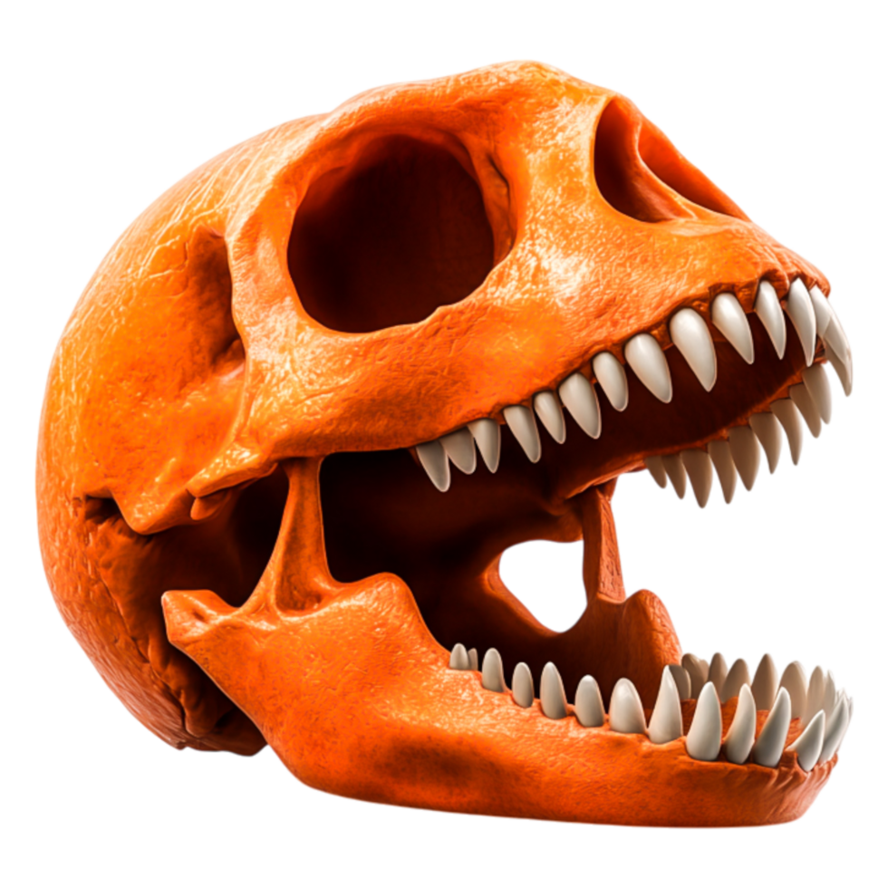 Realistic dinosaur skull in vibrant orange color with sharp teeth details png