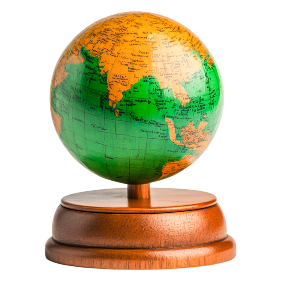 Vintage Globe on Wooden Stand Showing Continents and Oceans in Detail png