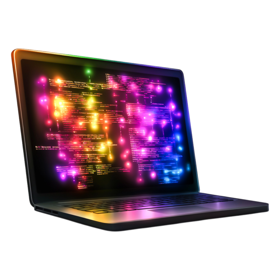 Colorful Code on Laptop Screen with Neon Lights and Digital Effect png