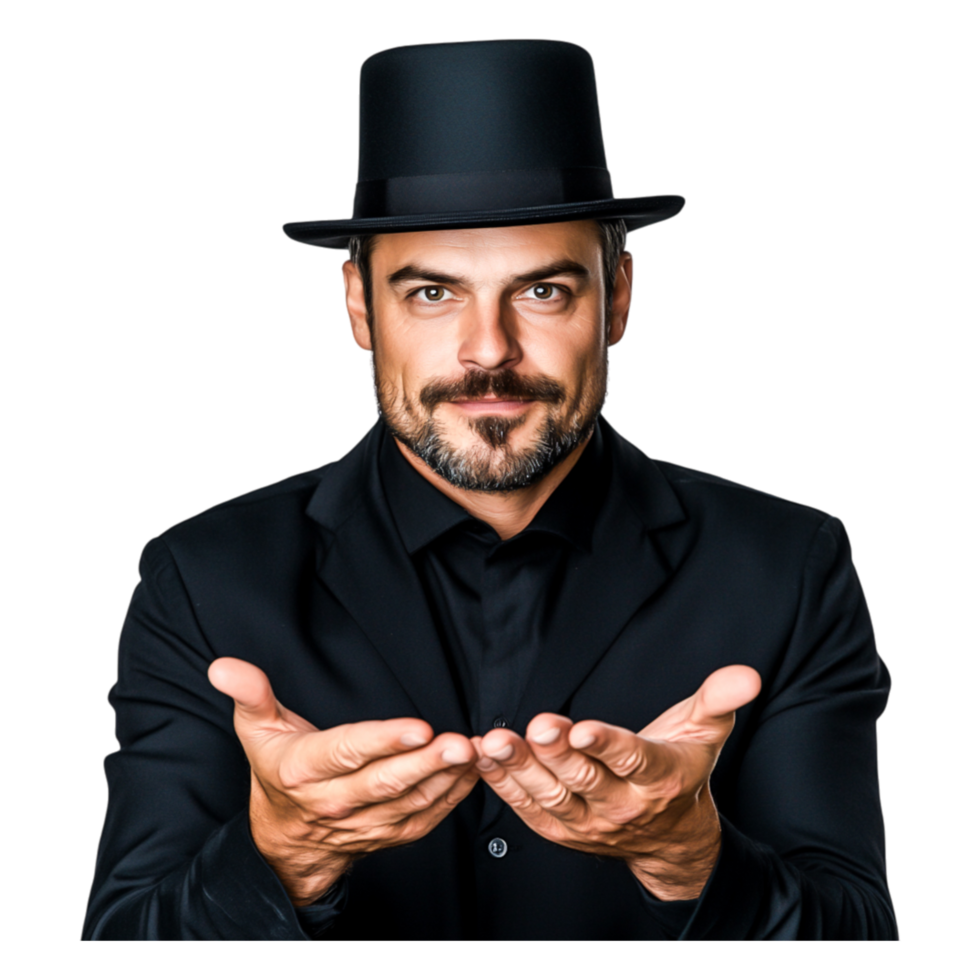 Man in Black Suit and Hat with Outstretched Hands for Business or Magic png