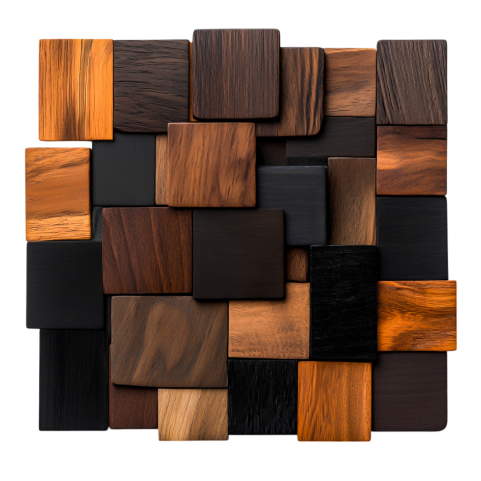 Assorted Wooden Squares in Rich Tones Arranged in Unique Pattern Design png