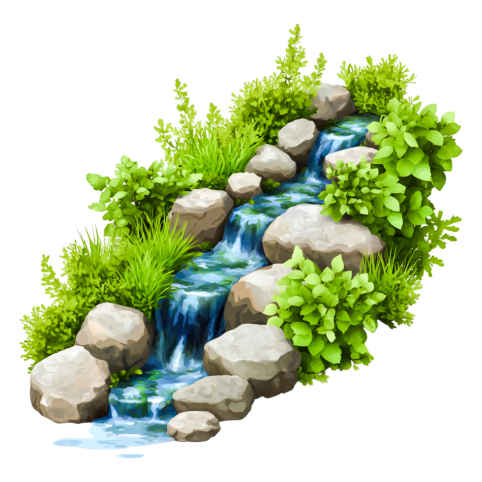 Natural Stream Flowing Over Stones Surrounded by Lush Greenery and Plants png