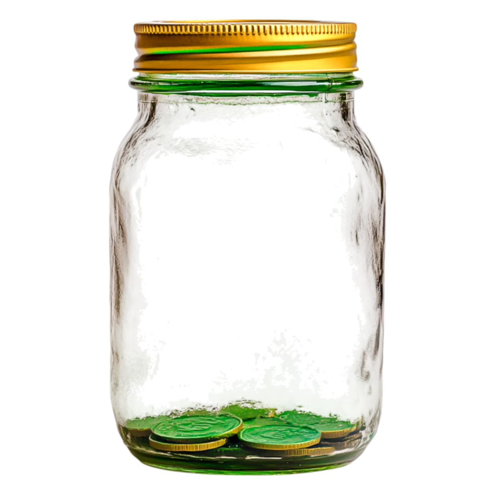 Empty Glass Jar with Golden Lid and Currency Coins Inside png