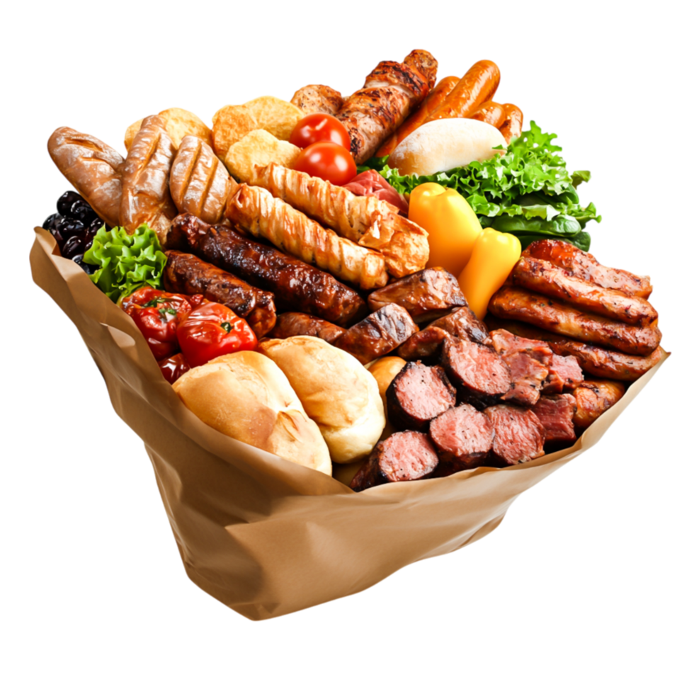 Assorted Platter of Grilled Meats, Sausages, Breads, and Fresh Vegetables png