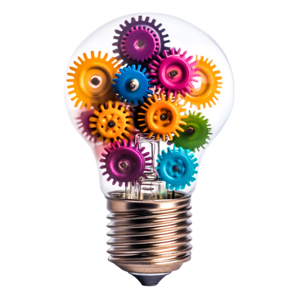 Colorful Gears Inside Light Bulb Representing Creativity and Innovation png