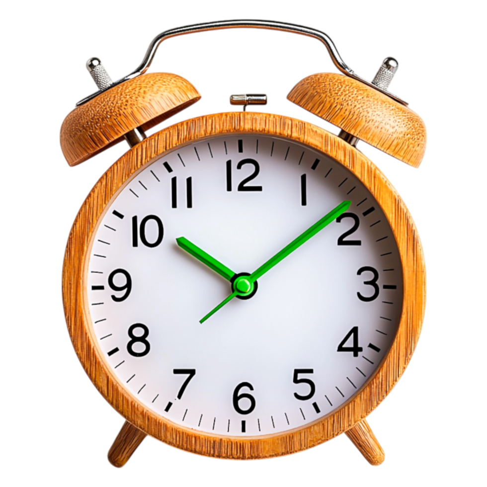 Vintage Wooden Alarm Clock Displaying Time at Two O'Clock with Green Hands png