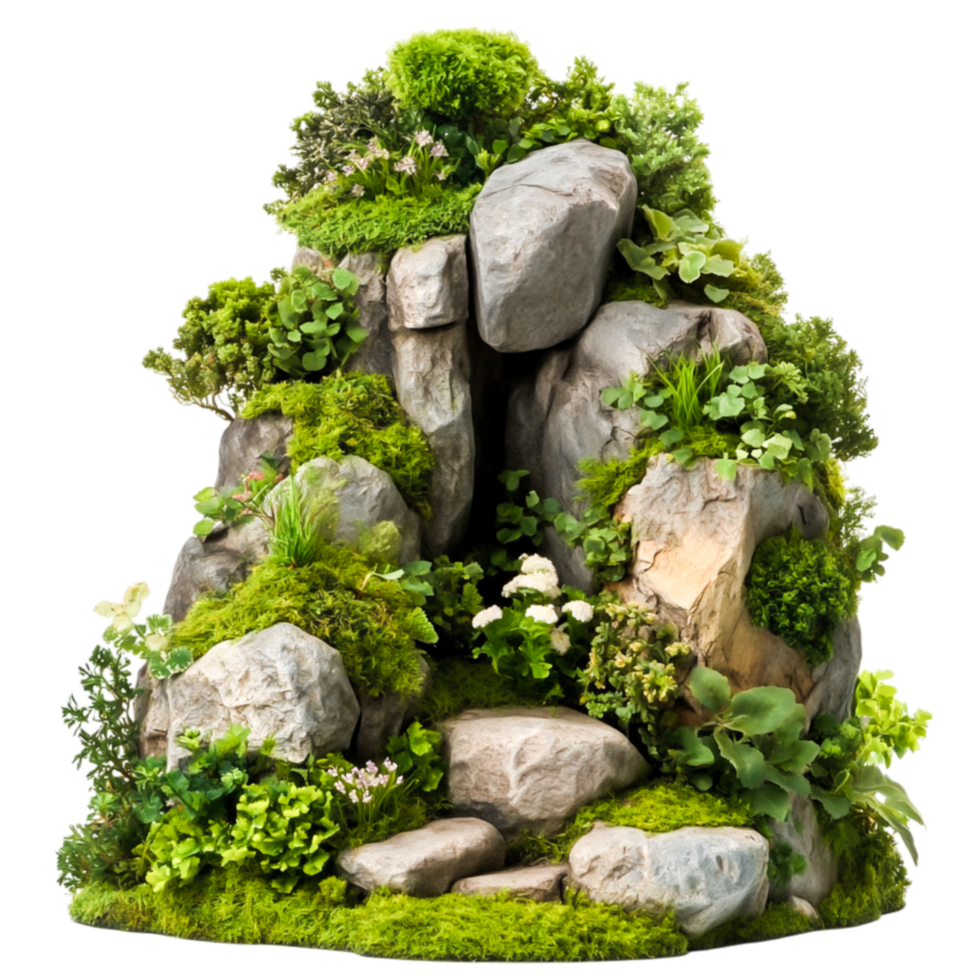 Lush Green Rock Formation Surrounded by Various Plants and Moss png