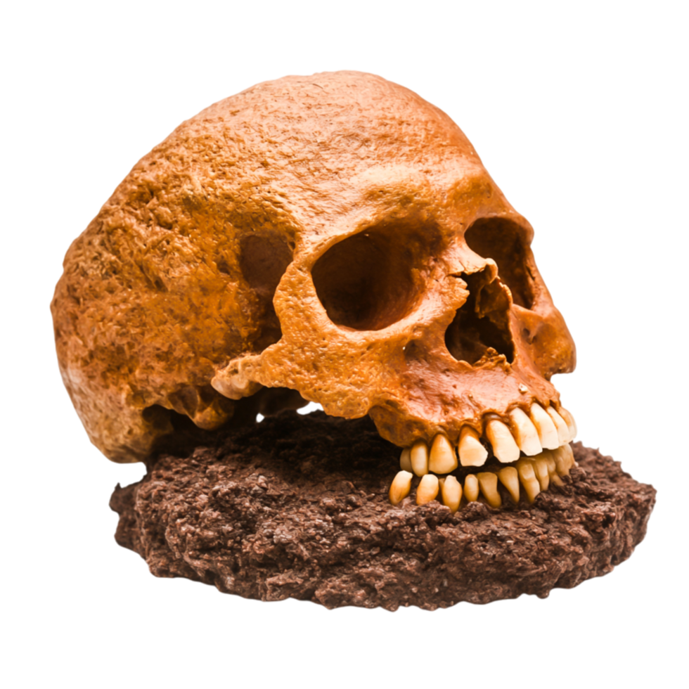 Ancient Human Skull on Ground Displaying Unique Features and Textures png