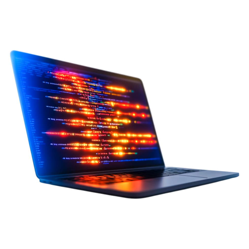 Glowing Laptop Screen with Colorful Code Lines on Dark Background png