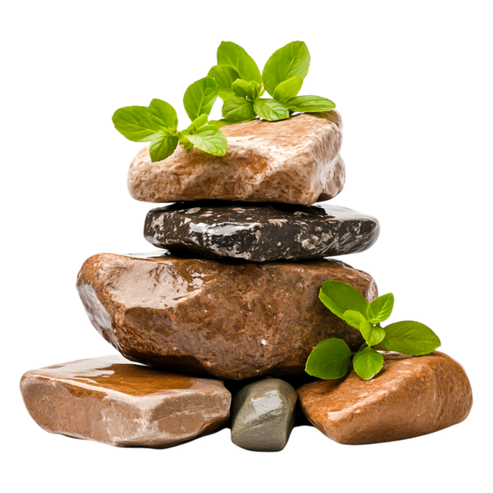 Stacked Natural Stones with Fresh Green Basil Leaves on png