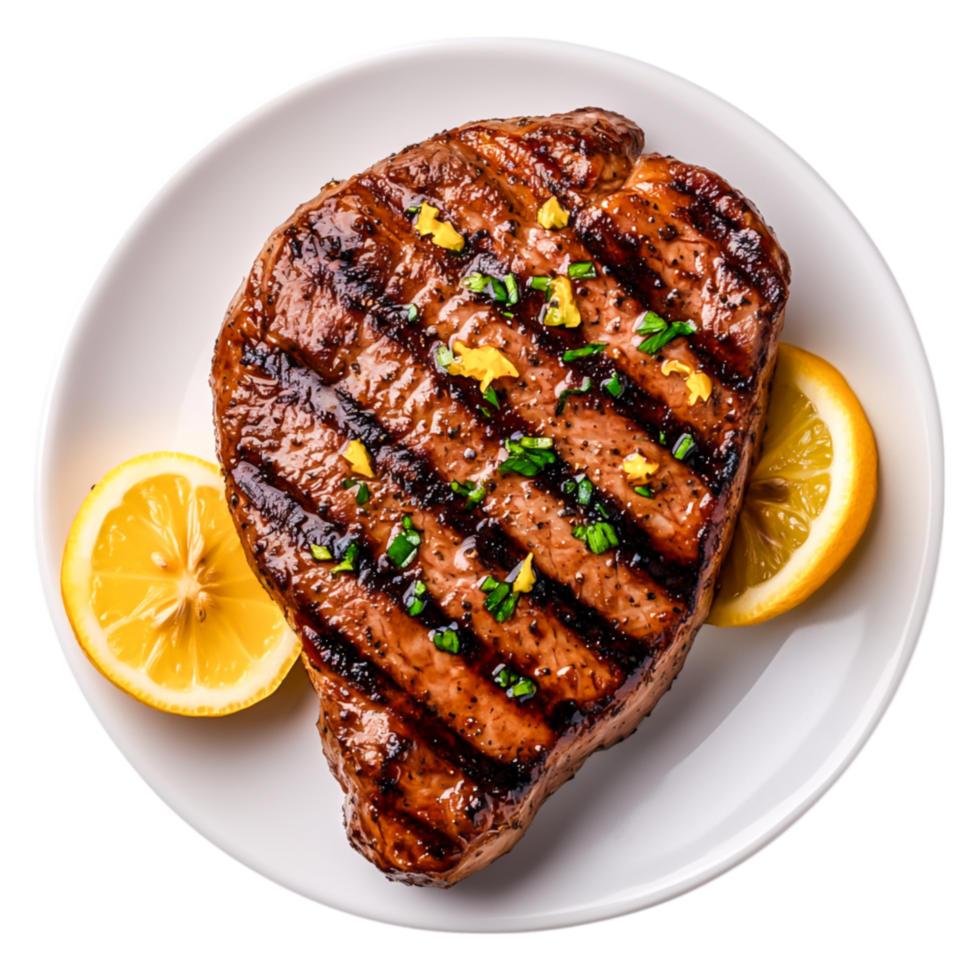 Grilled Meat Steak Cooked to Perfection with Lemon Garnish on White Plate png