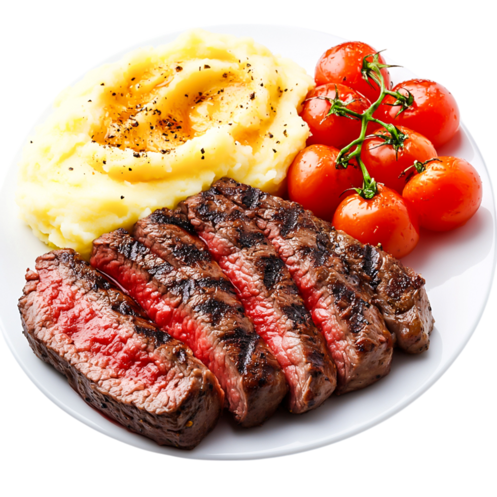 Grilled Steak with Mashed Potatoes and Cherry Tomatoes on Plate png