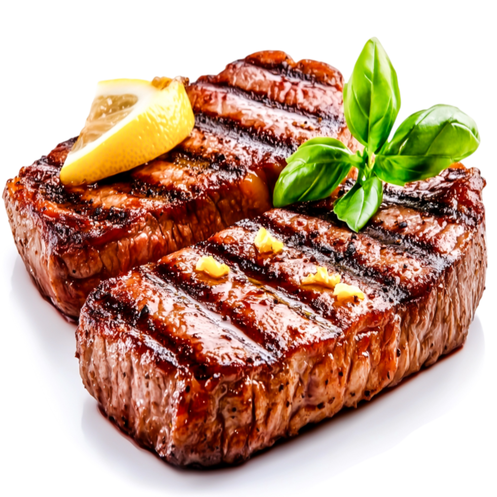 Grilled Steak with Lemon Slice and Fresh Basil Garnish on White Plate png