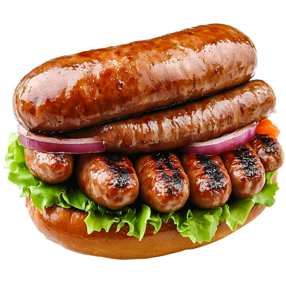 Grilled Sausages on Fresh Bun with Lettuce and Onions for Summer Barbecue png