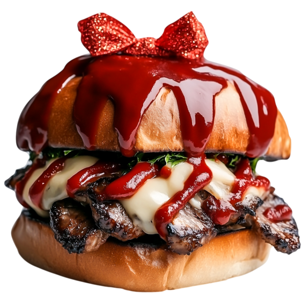 Delicious Gourmet Hamburger with Barbecue Sauce and Festive Bow Decoration png