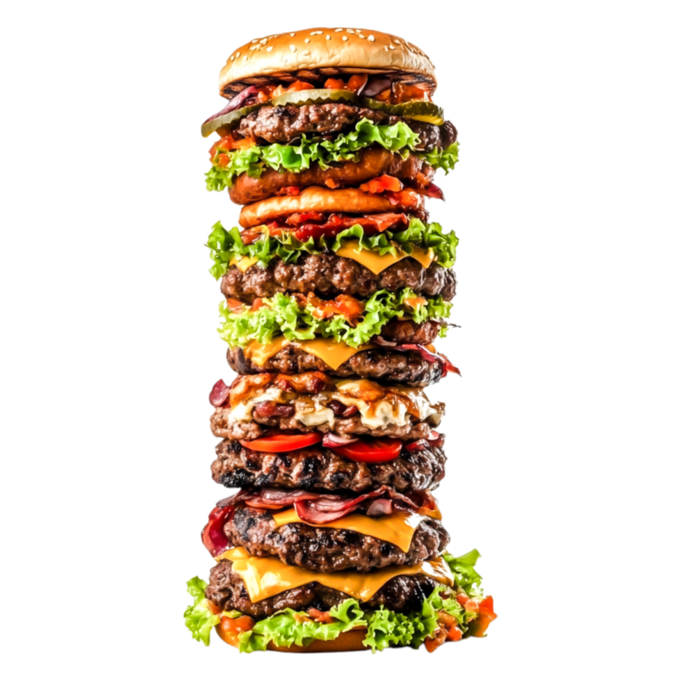Giant Towering Stacked Hamburger with Multiple Layers and Colorful Ingredients png