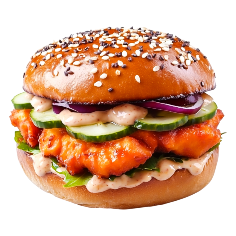 Delicious Crispy Chicken Sandwich with Fresh Vegetables and Sauces png