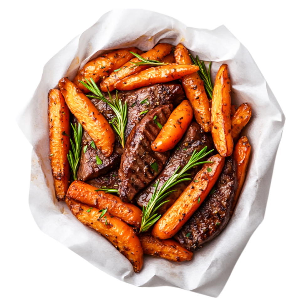 Delicious Roasted Meat with Carrots and Fresh Herbs in Serving Dish png