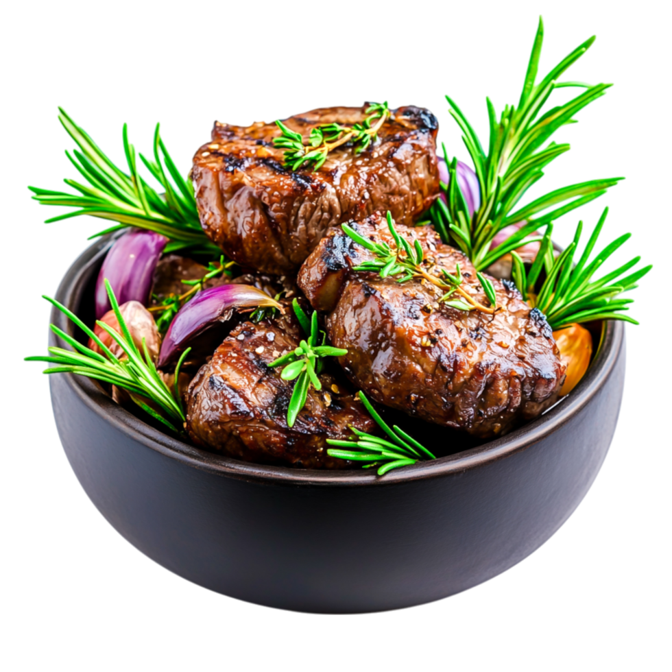 Juicy Grilled Meat with Fresh Herbs and Garlic in Rustic Bowl png