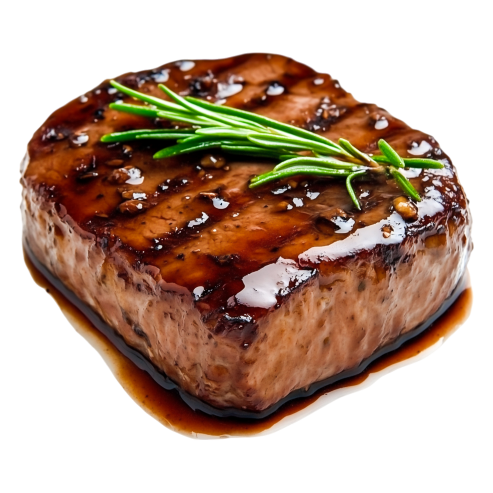Grilled Meat Steak with Glaze and Fresh Green Herbs on png