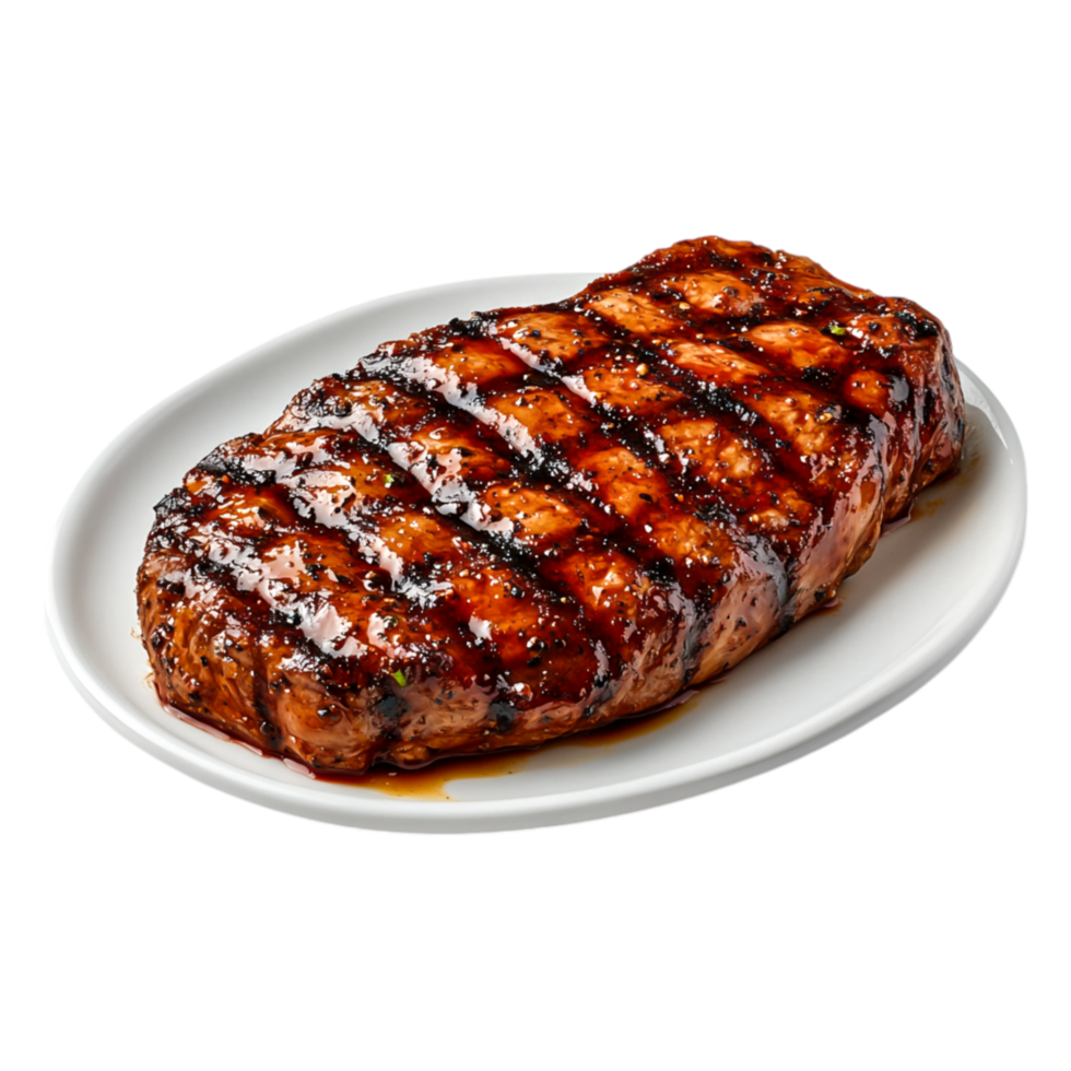Juicy Grilled Steak with Barbecue Sauce and Seasoning on White Plate png