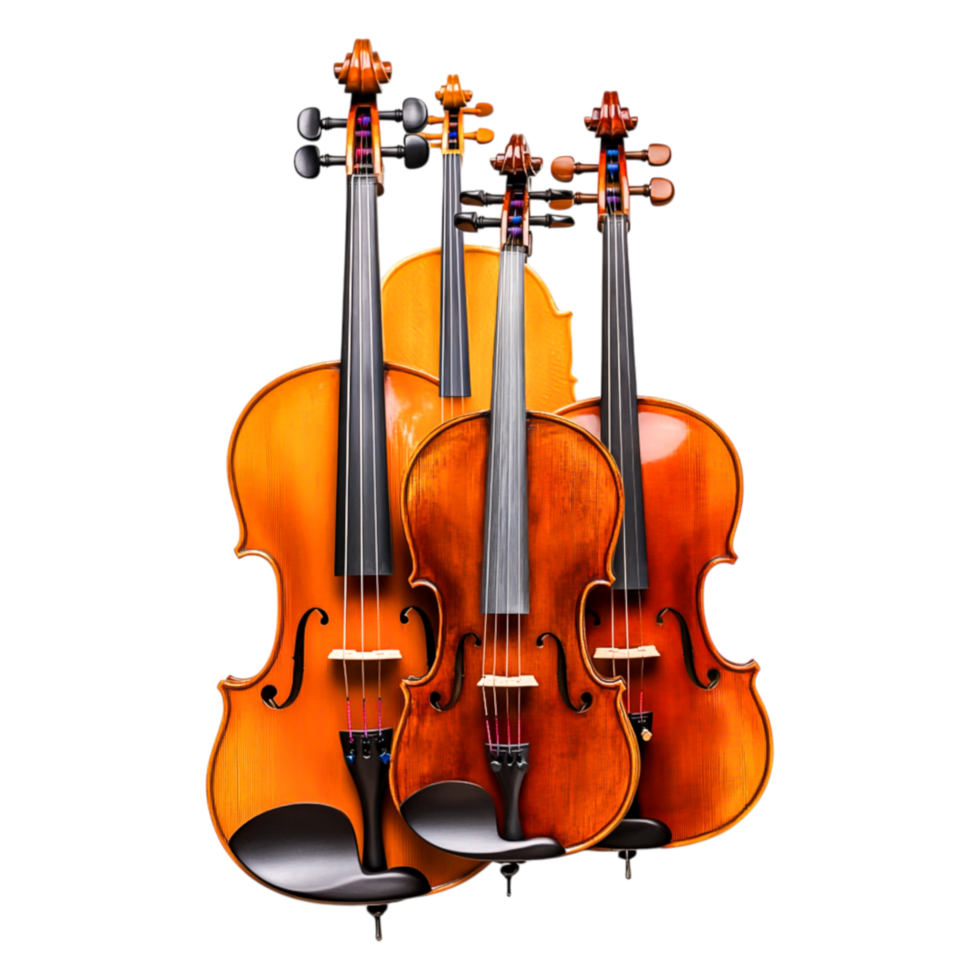 Three Elegant Violins in a Row Showcasing Craftsmanship and Design png