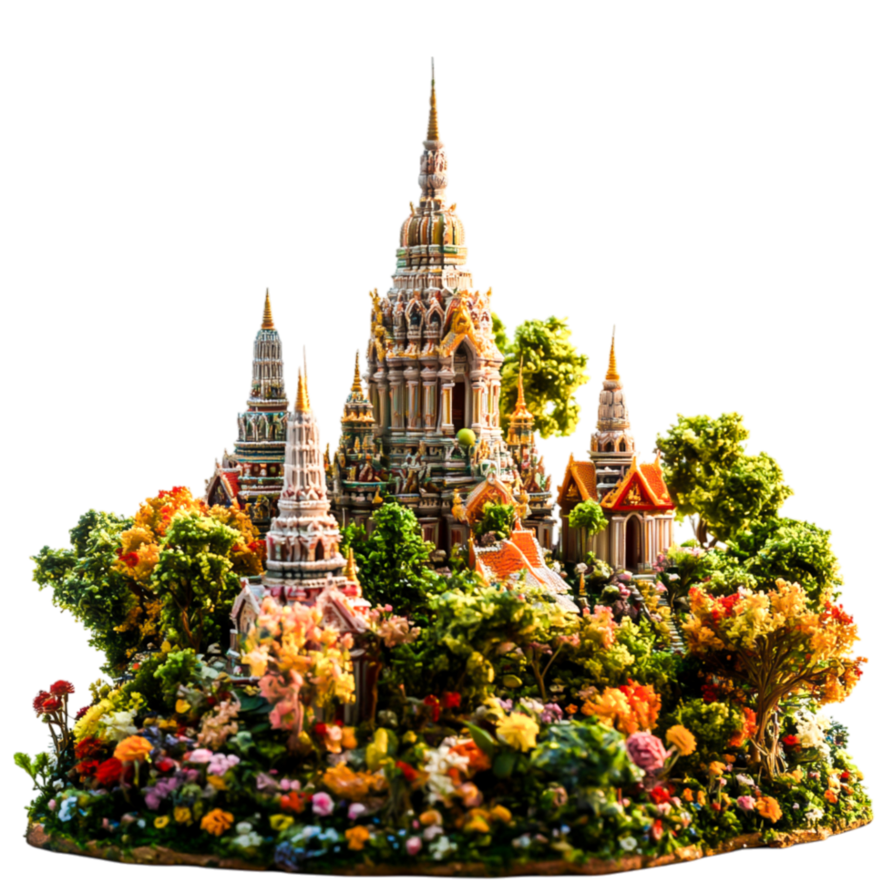 Colorful miniature model of a beautiful temple surrounded by vibrant flowers png