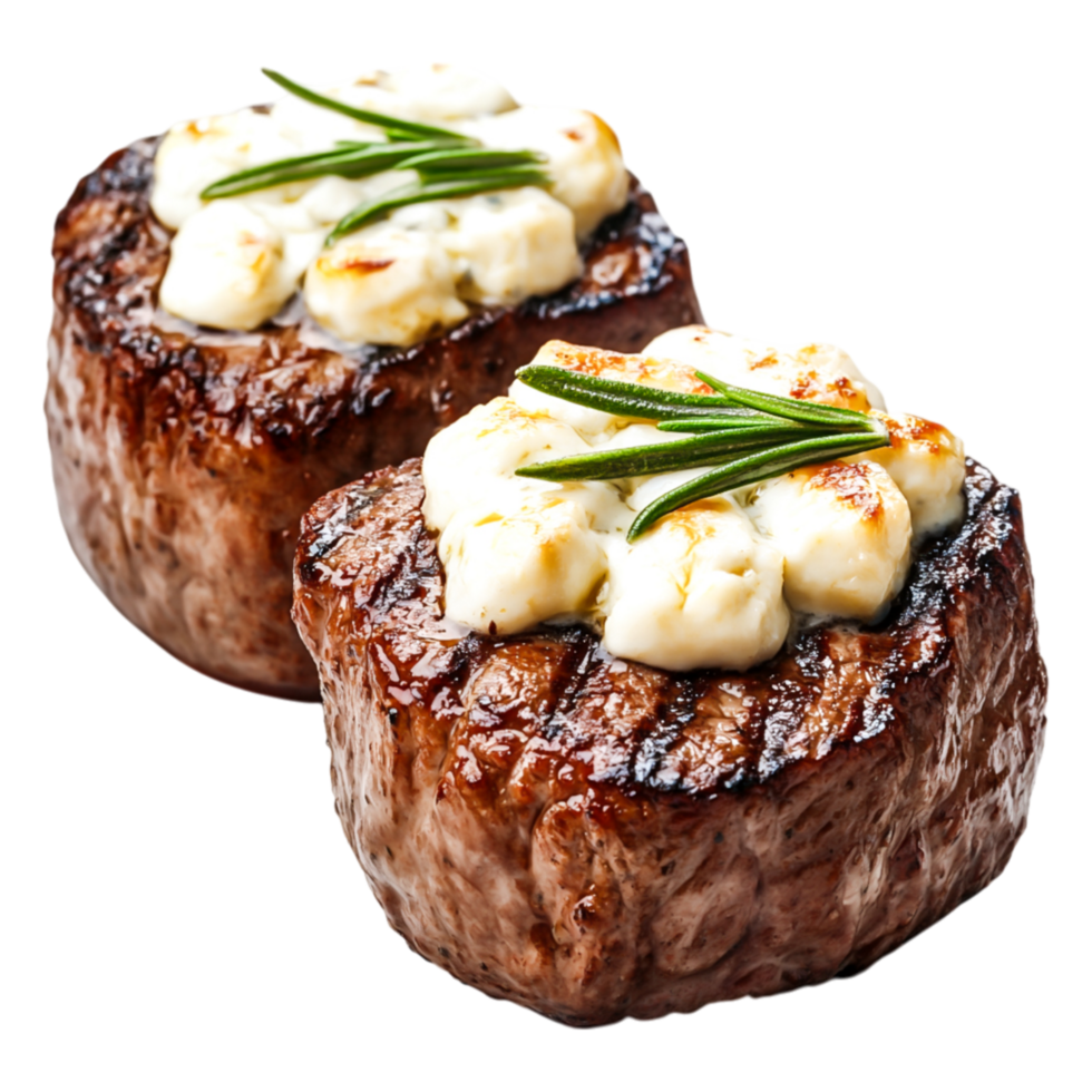 Grilled Beef Tenderloin with Creamy Cheese and Fresh Herbs on Plate png