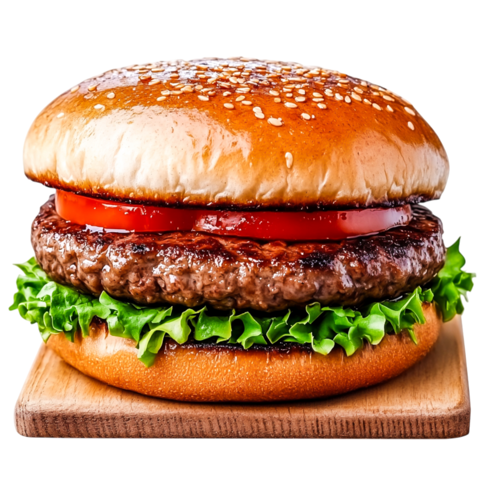 Juicy Hamburger with Fresh Lettuce and Tomato on Sesame Seed Bun png