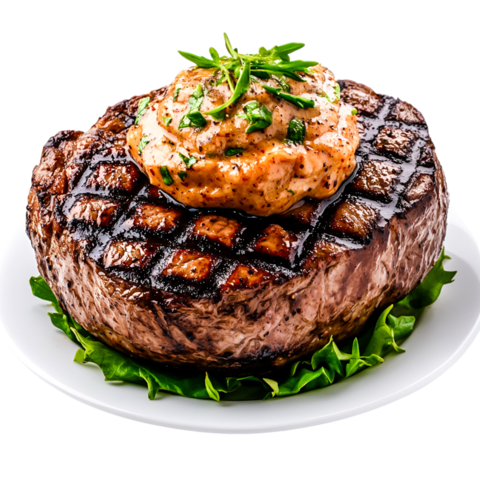Juicy Grilled Steak Topped with Butter and Fresh Herbs on White Plate png