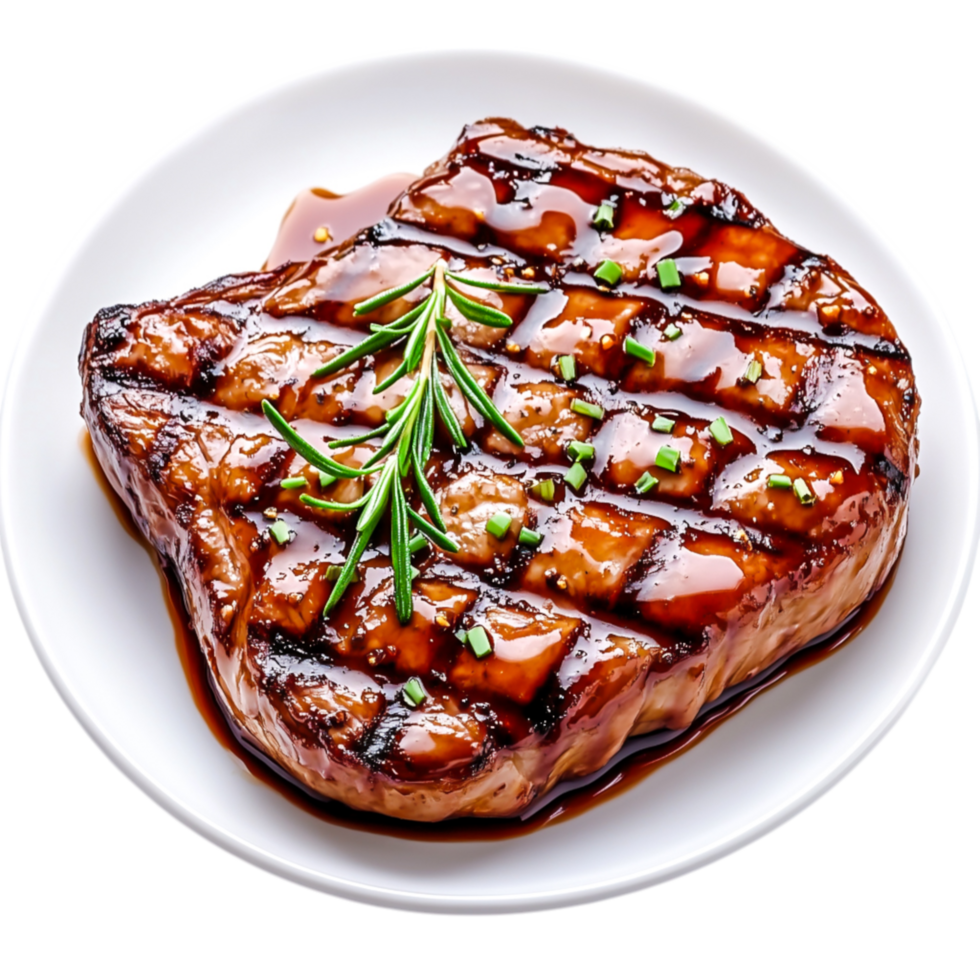 Grilled Steak on Plate with Rosemary and Sauce Garnish png