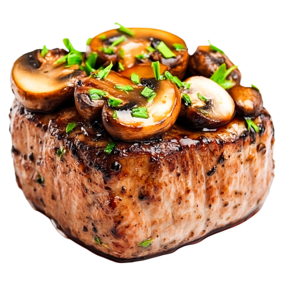 Juicy Grilled Steak with Sauteed Mushrooms and Fresh Herbs Garnish png