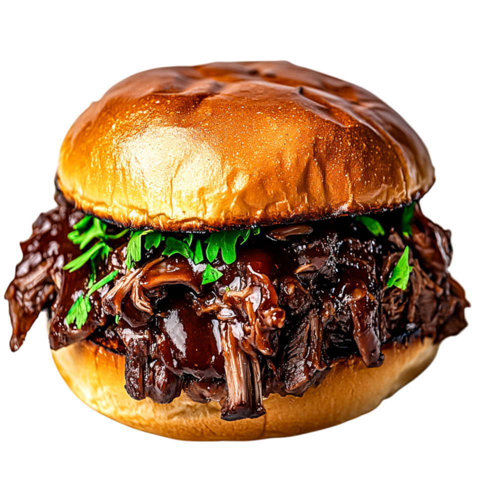 Juicy Barbecue Pulled Beef Sandwich with Fresh Herbs and Soft Bun png
