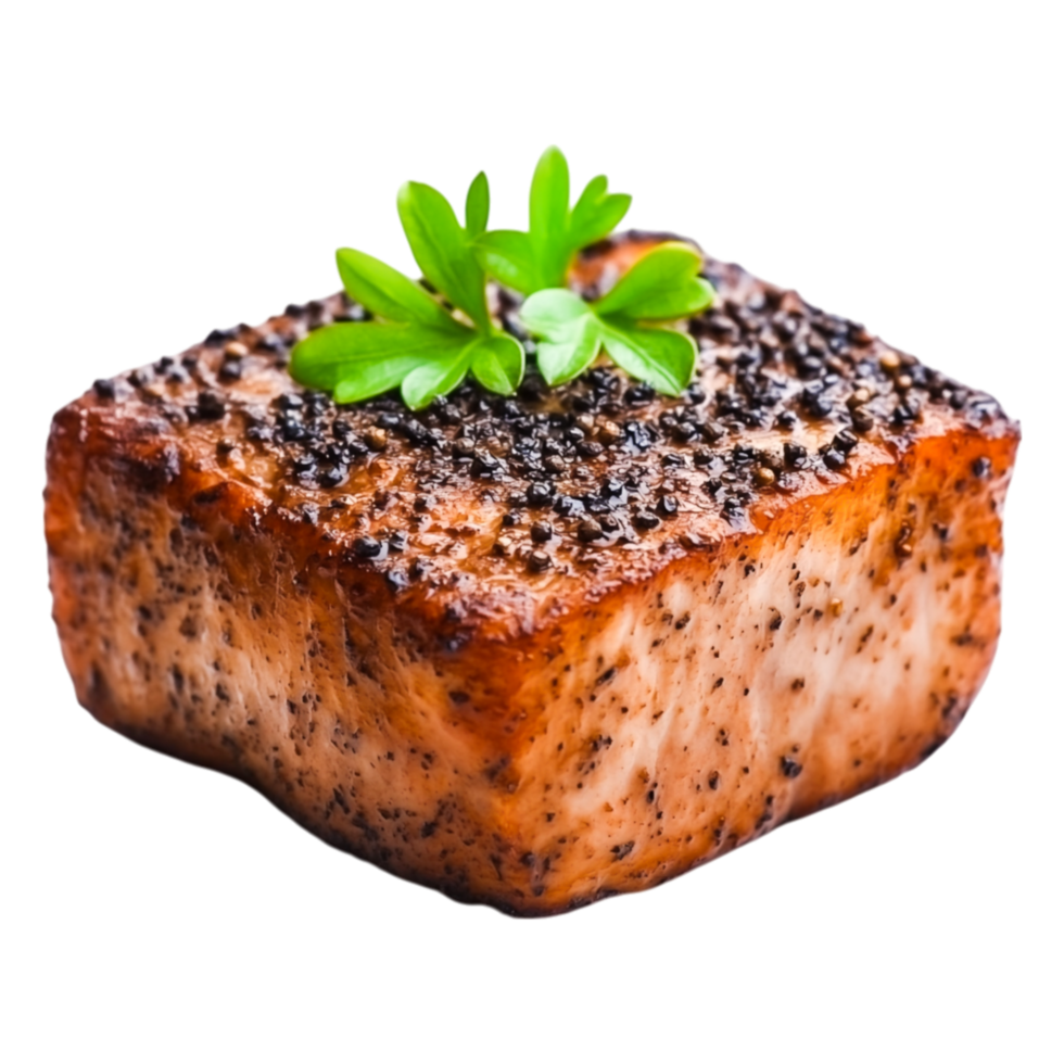 Fresh Grilled Salmon Fillet Garnished with Green Parsley and Black Pepper png