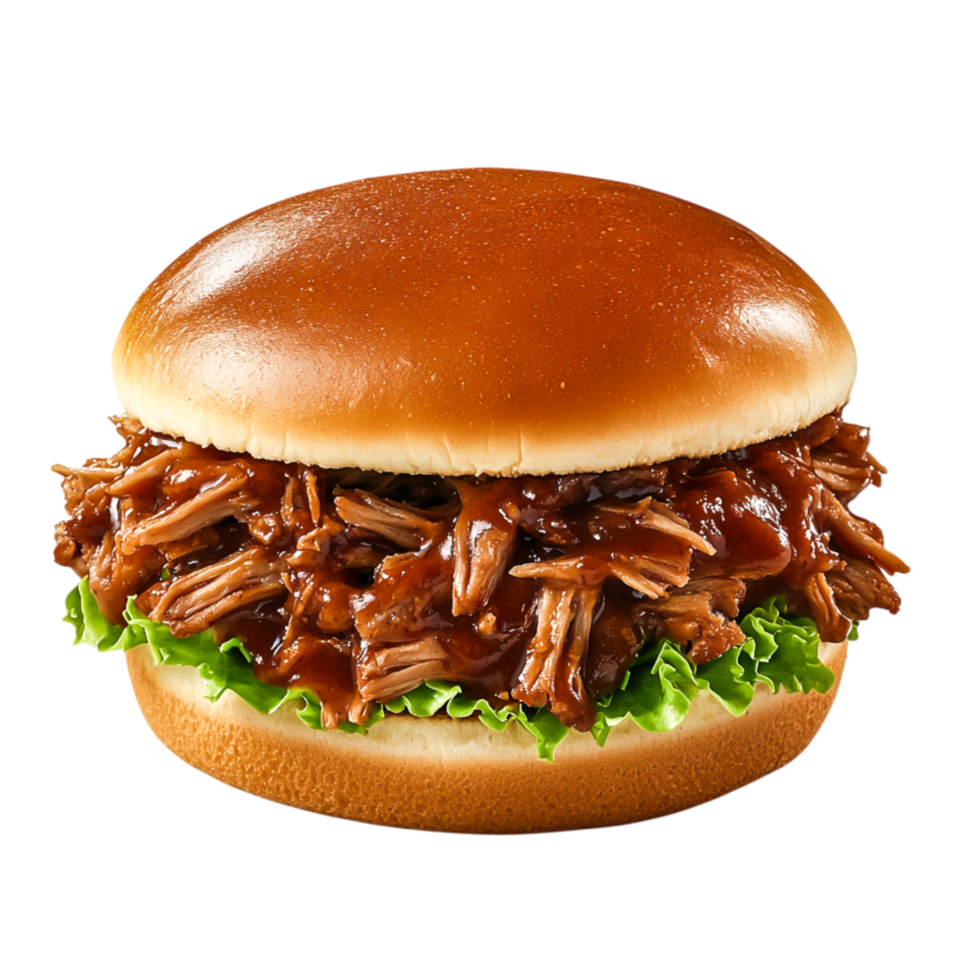 Delicious Barbecue Pulled Pork Sandwich with Fresh Lettuce on Soft Bun png