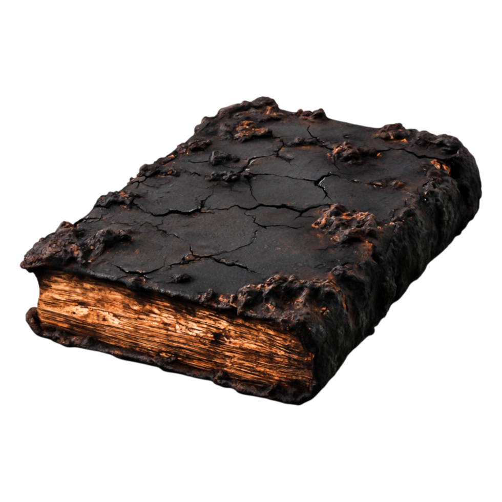 Ancient Burned Book with Cracked Cover and Exposed Pages in Dark Background png