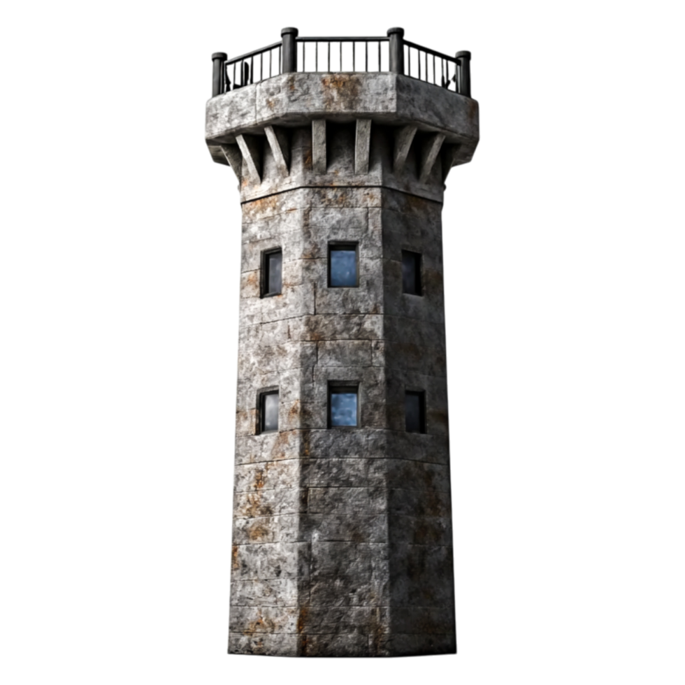 Vintage Stone Watchtower with Square Windows and Rusty Texture png