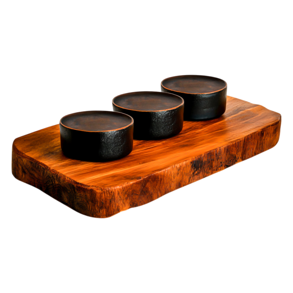Rustic Wooden Platter with Three Ceramic Bowls for Food Presentation png