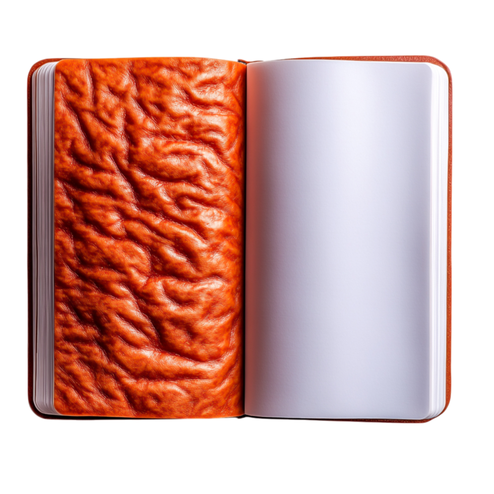 Open notebook with unique textured cover in vibrant orange hue png