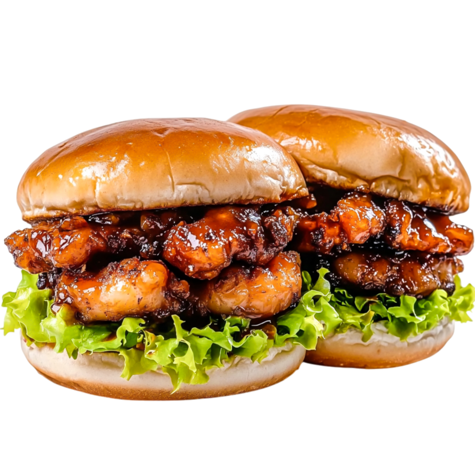 Delicious chicken burgers with crispy lettuce and savory glaze on buns png